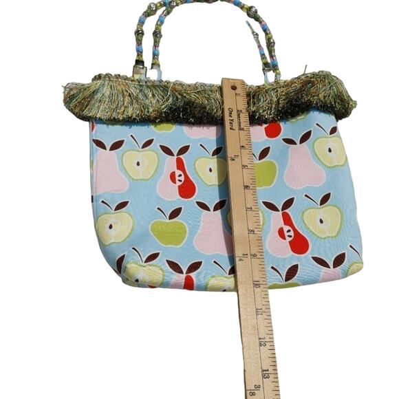Beaded Pear Apple Blue Fringe  Purse y2k Unique Chic Hand purse Closure Fruit - Picture 2 of 12